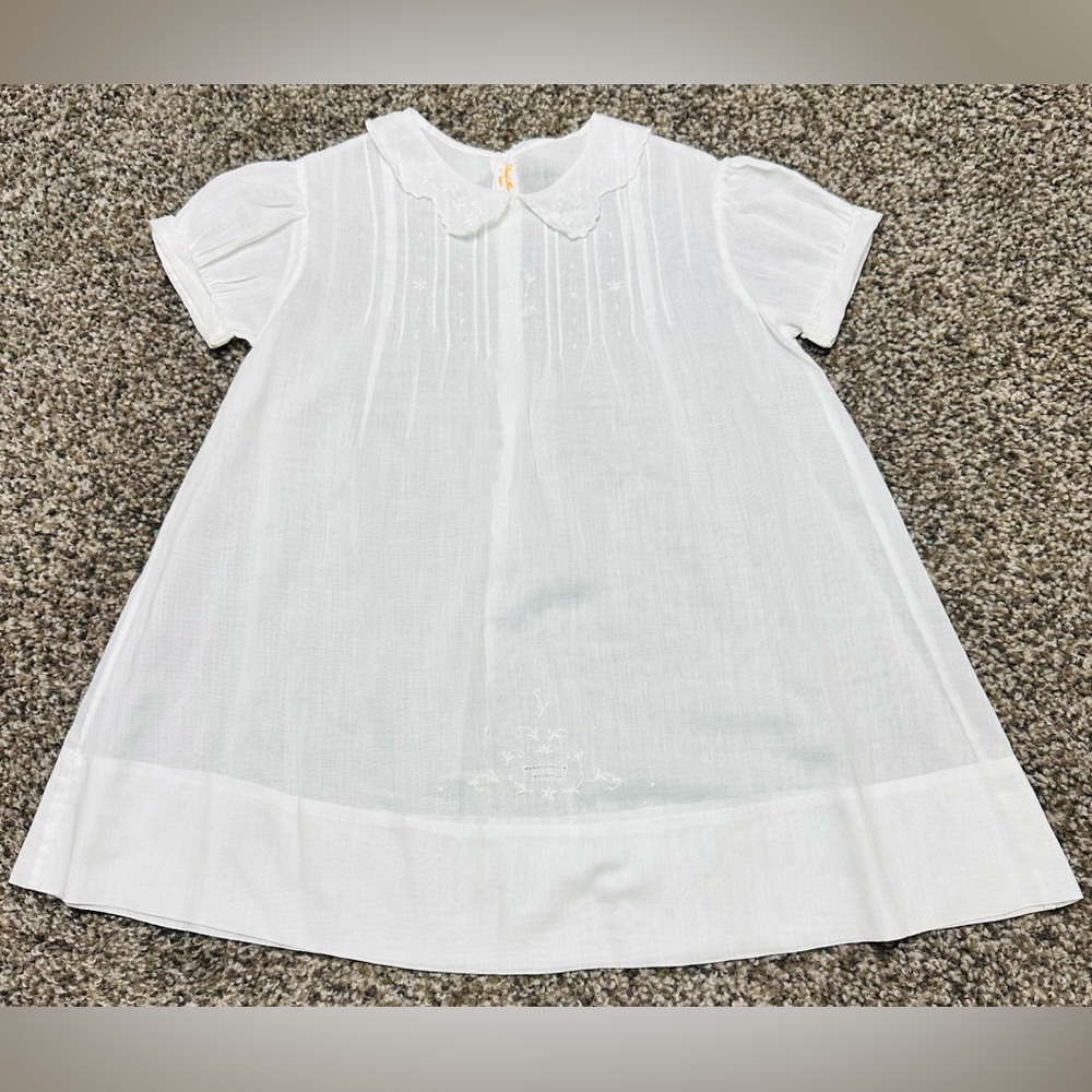 Vintage Antique White Linen Christening Day Dress 6 Months Embroidered Victorian